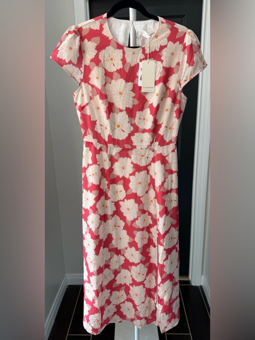 Commense Coral Midi Dress with Cream Floral Print